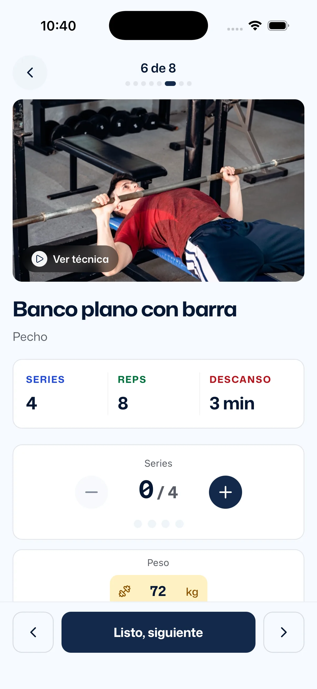 App del cliente: un ejercicio con su video, series, repeticiones y descanso
